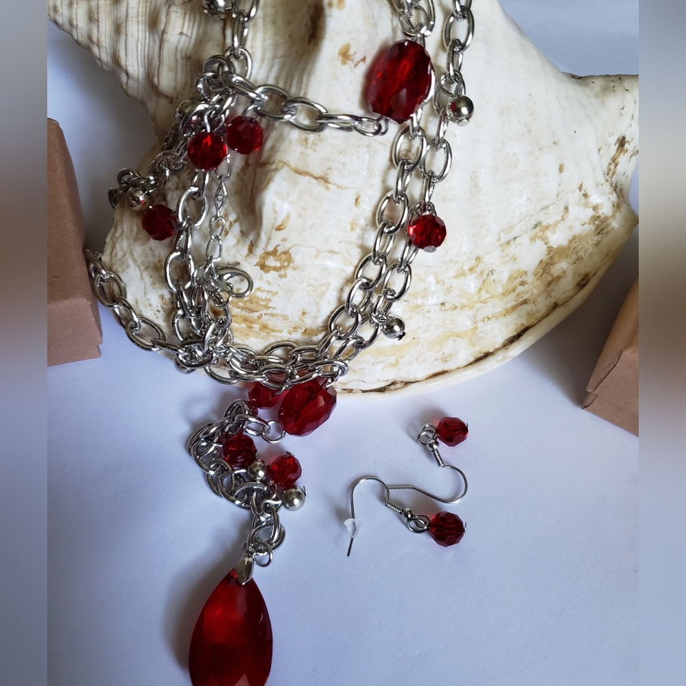 💢5/$10💢  Silver and red stone long necklace and earrings set, NWT
